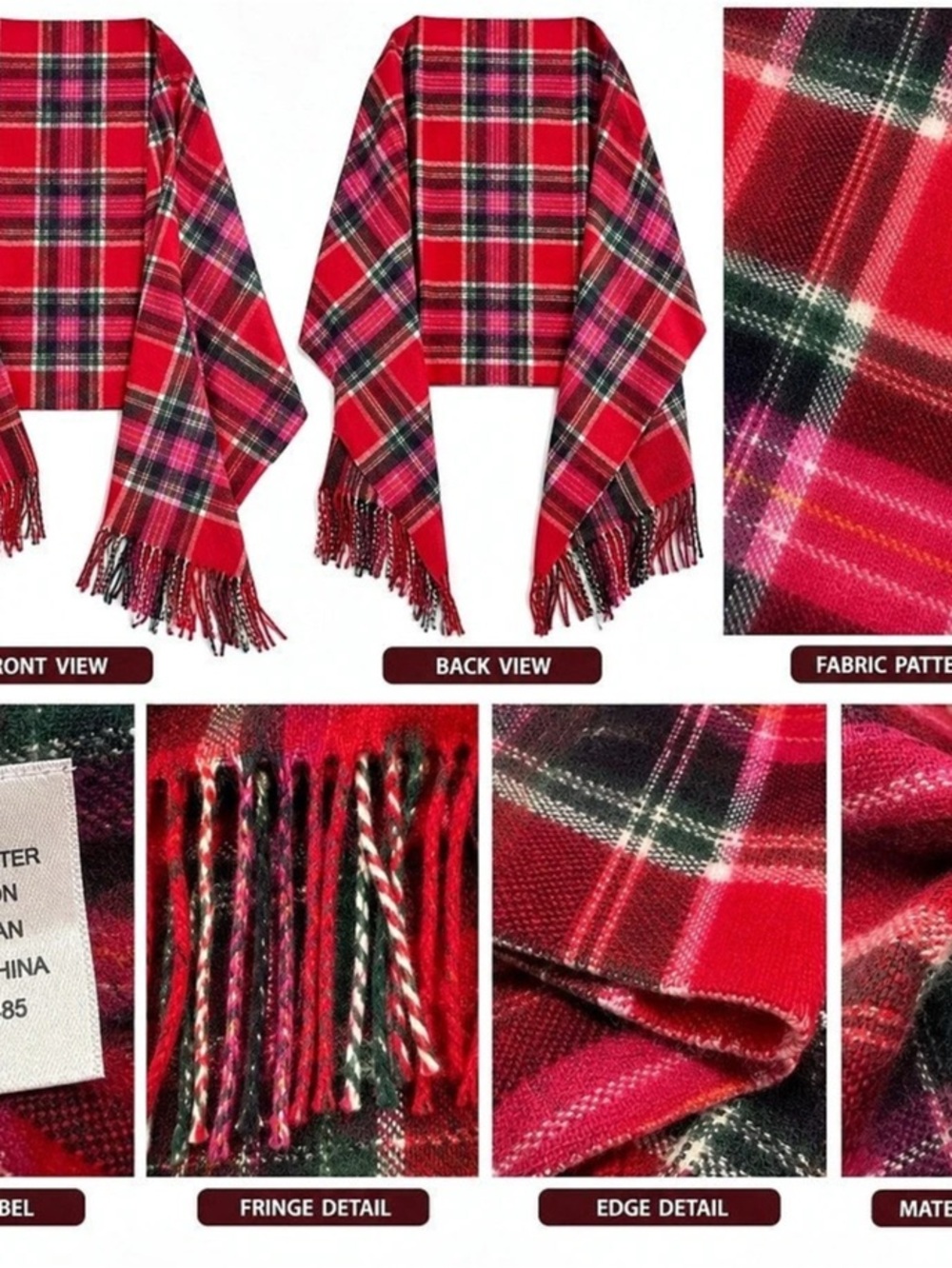 Women’s Red Plaid Tartan Ruana Wrap Shawl Poncho Fringe